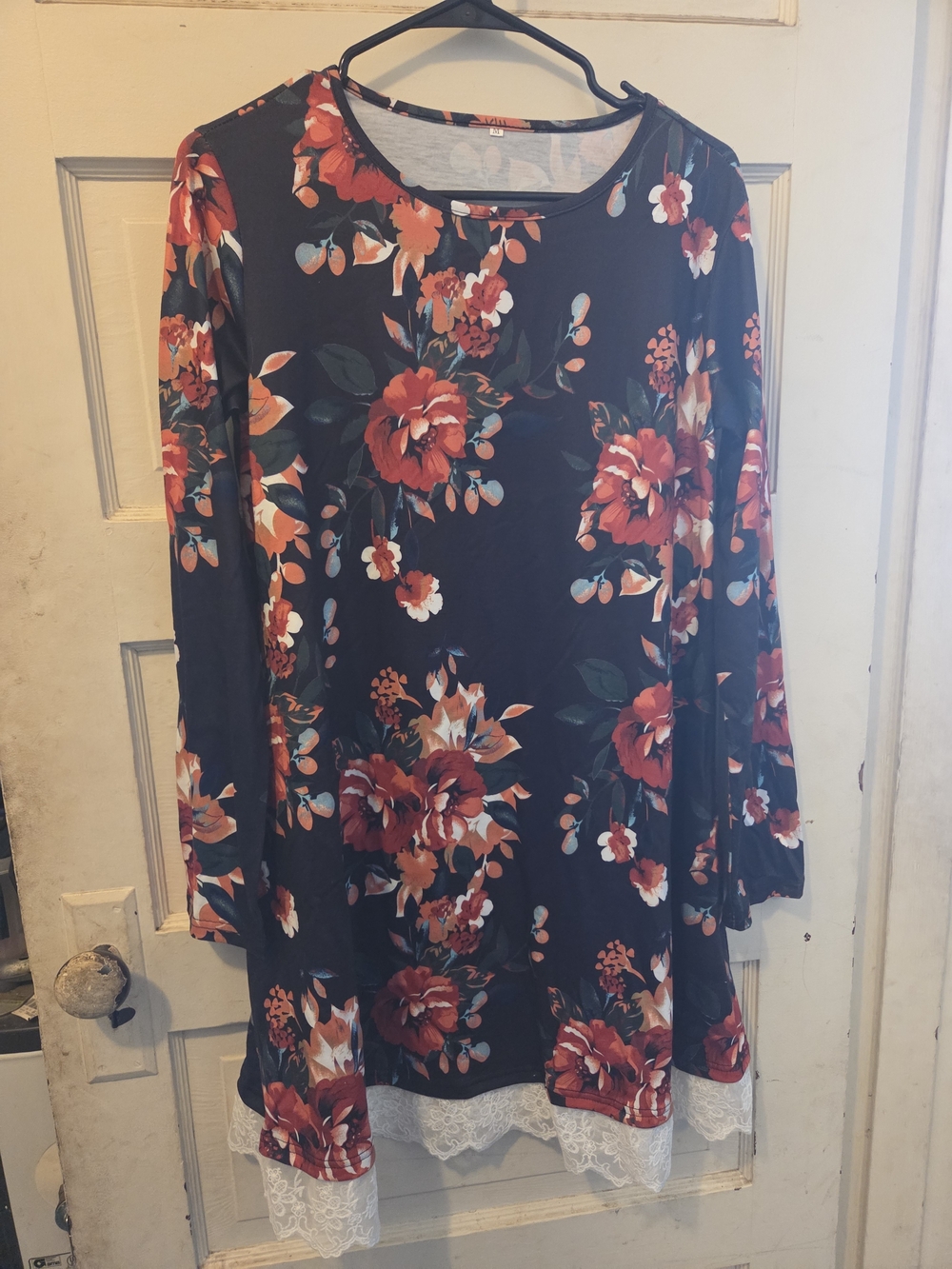 Floral Long-Sleeve A-Line Dress with Lace Hem - Navy with Red Floral